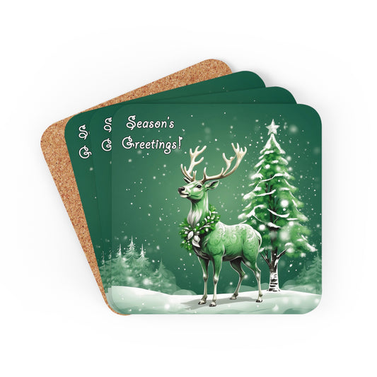 Season's Greetings Reindeer Corkwood Coaster 4pc. Set