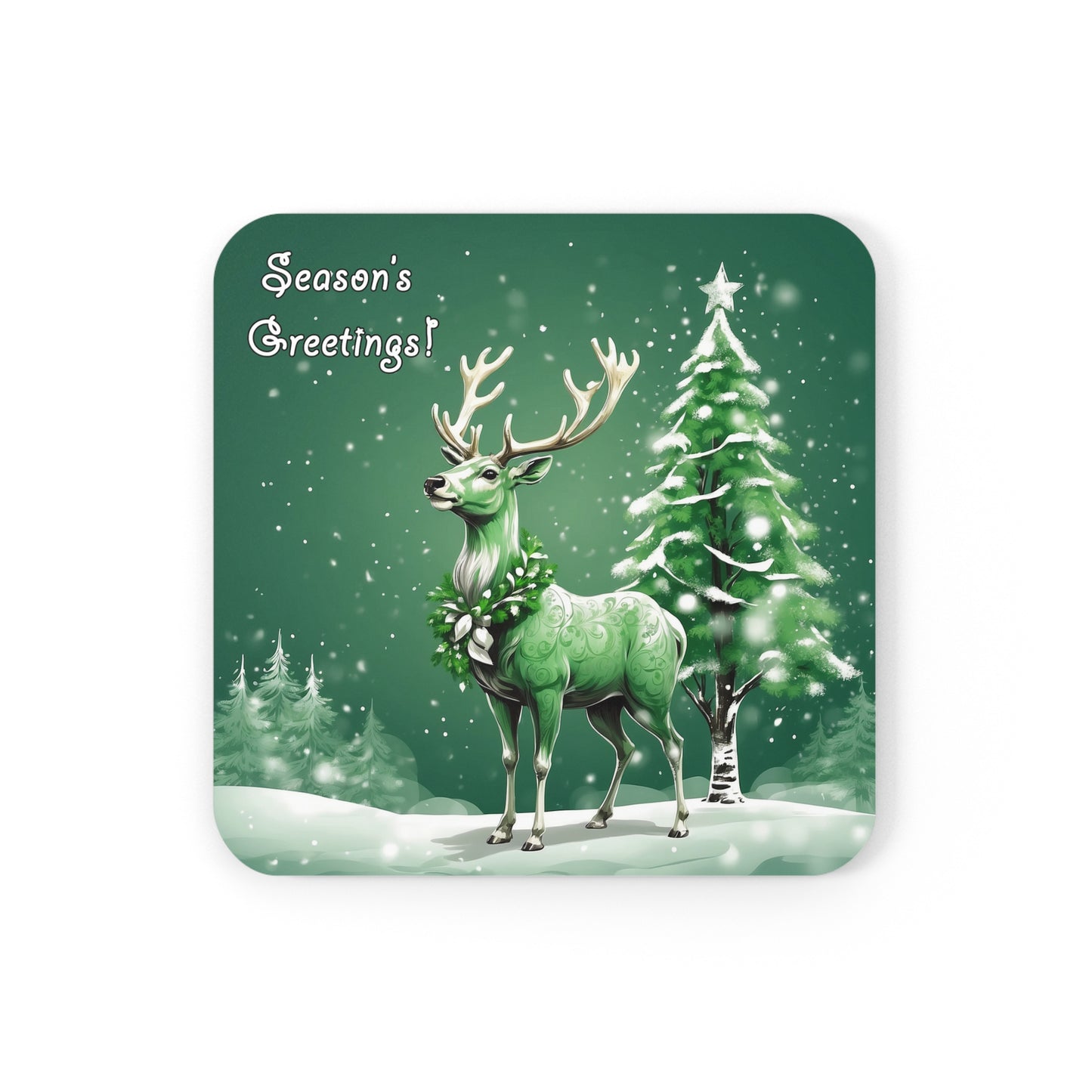 Season's Greetings Reindeer Corkwood Coaster 4pc. Set