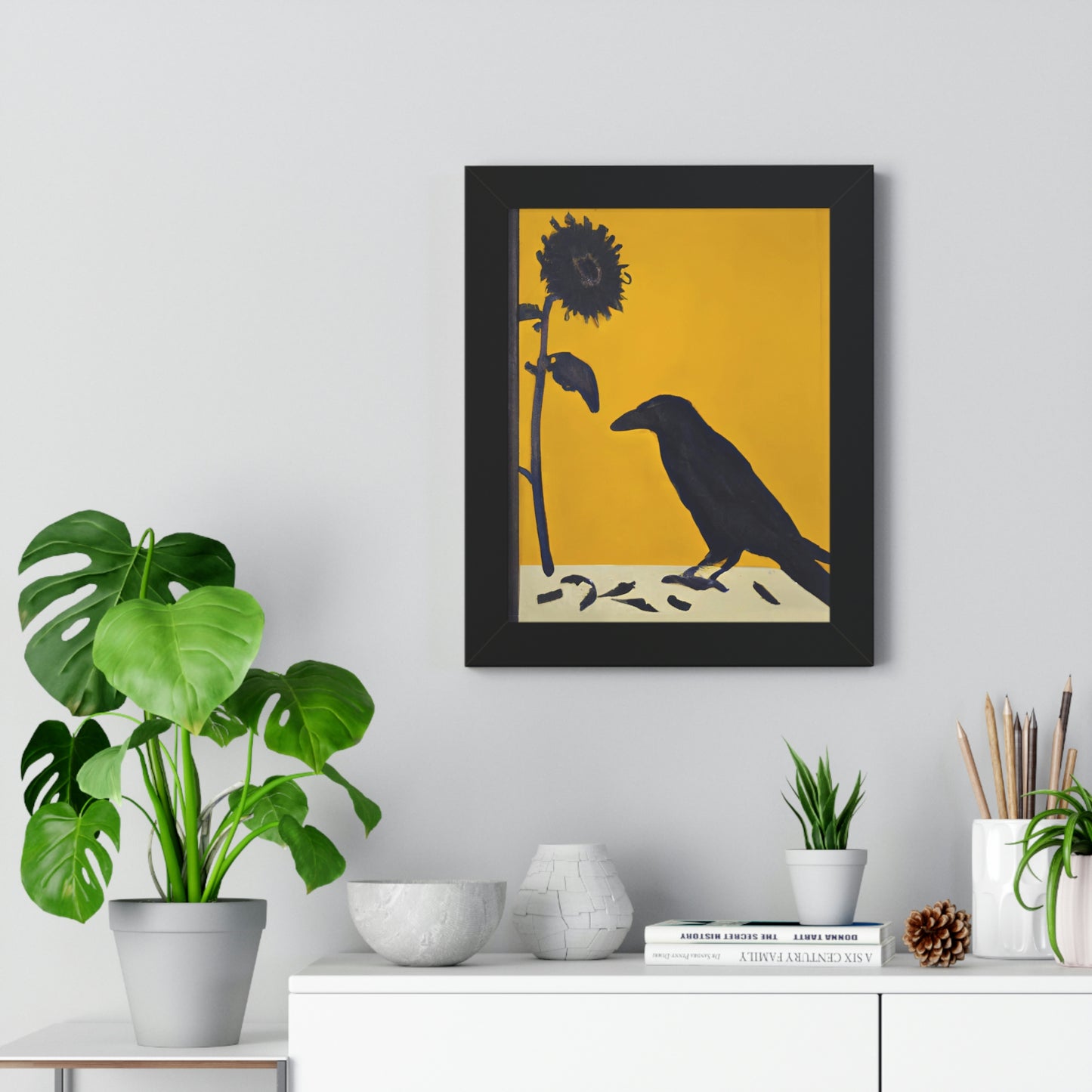 Original Art, Crow & Flower displayed on the wall